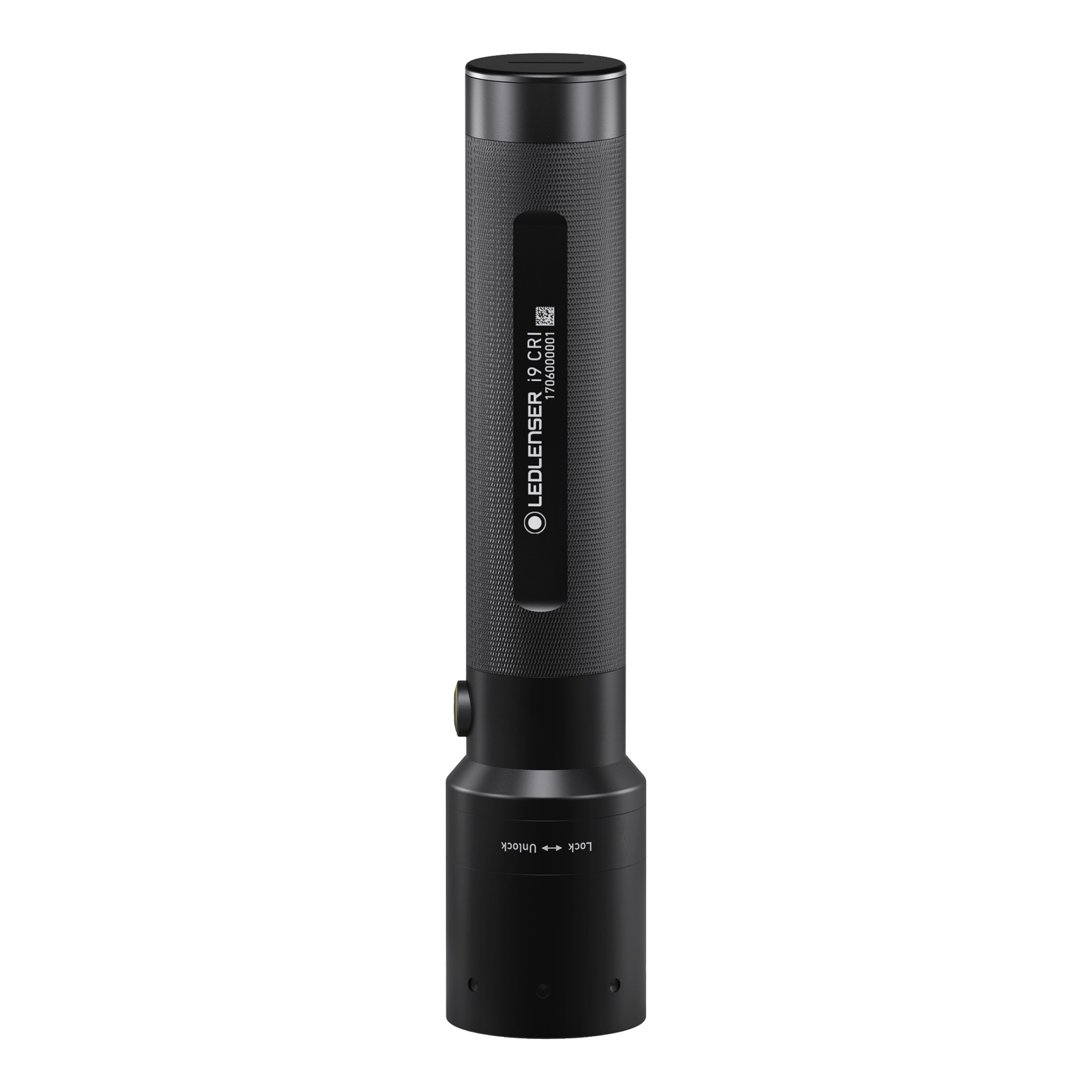 i9 CRI Torch by Ledlenser standing upright black textured cylindrical flashlight with side control and visible branding
