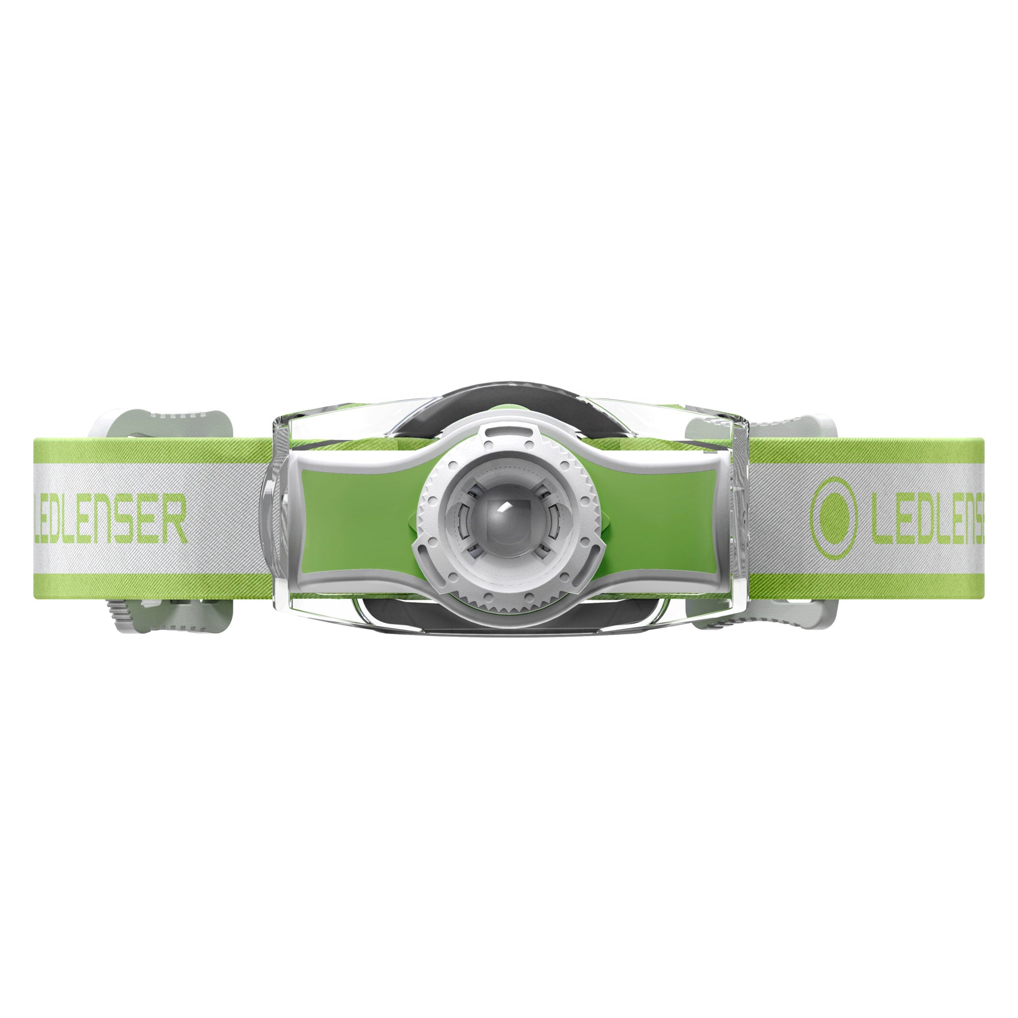 Ledlenser MH5 Rechargeable Headlamp with lime green headband front view showing adjustment dial and battery housing