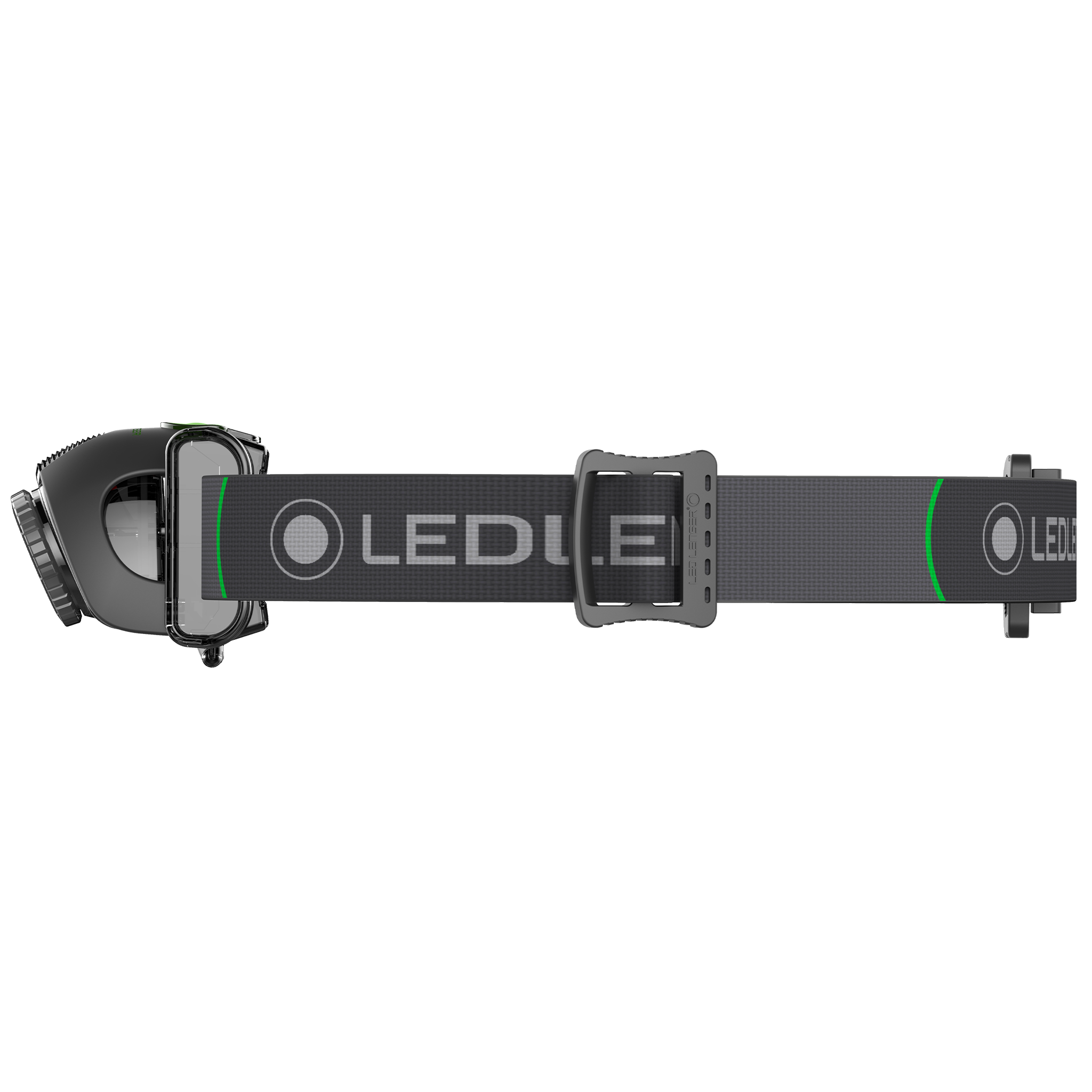 MH6 Headlamp worn on a black adjustable headband with front light housing and green accent branding on the strap