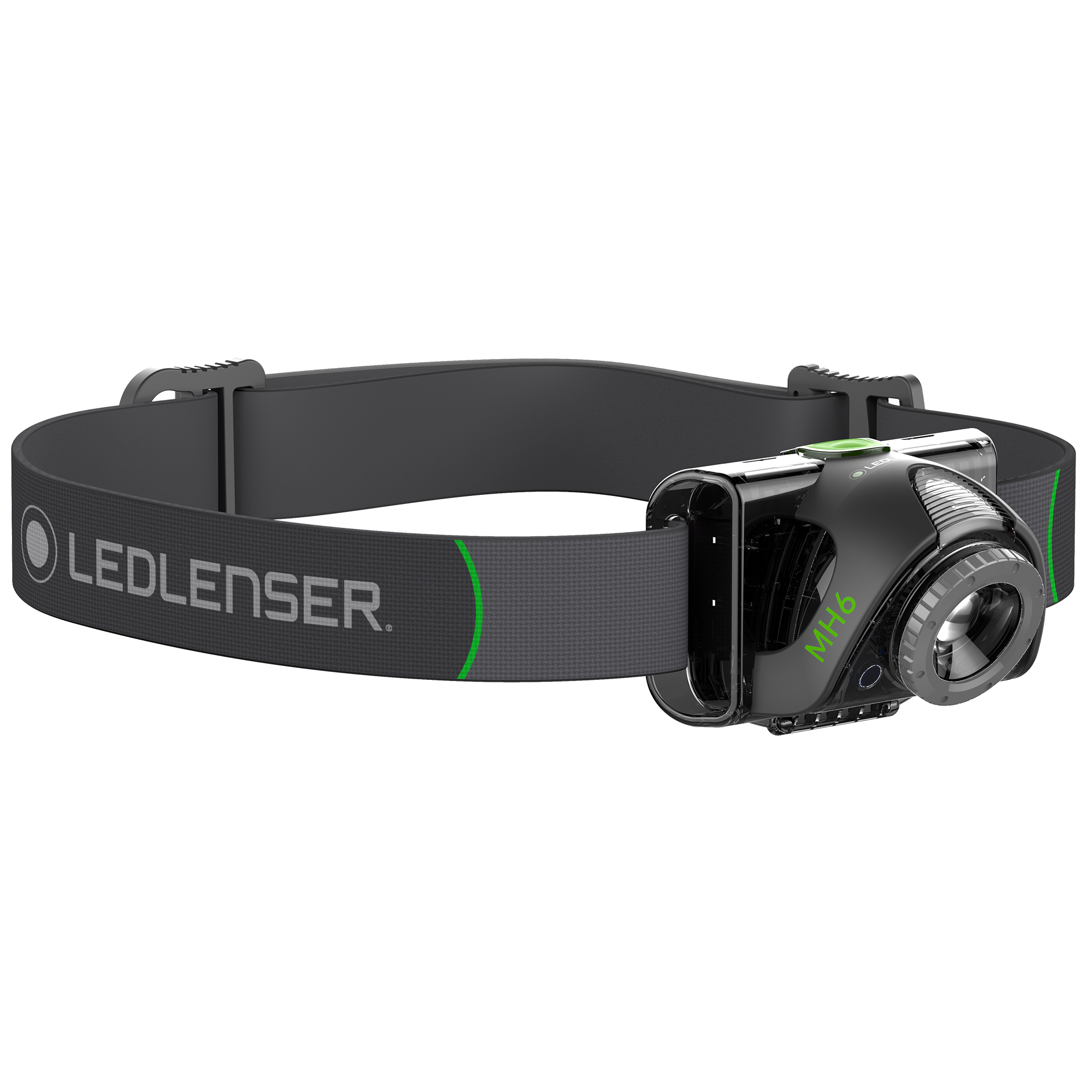 Ledlenser MH6 Headlamp with an adjustable grey headband and compact rechargeable front light module worn on the head