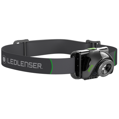 Ledlenser MH6 Headlamp with an adjustable grey headband and compact rechargeable front light module worn on the head