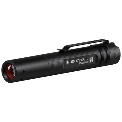 Ledlenser P2 Battery Operated Torch compact black torch with red lens side label and pocket clip viewed from the side