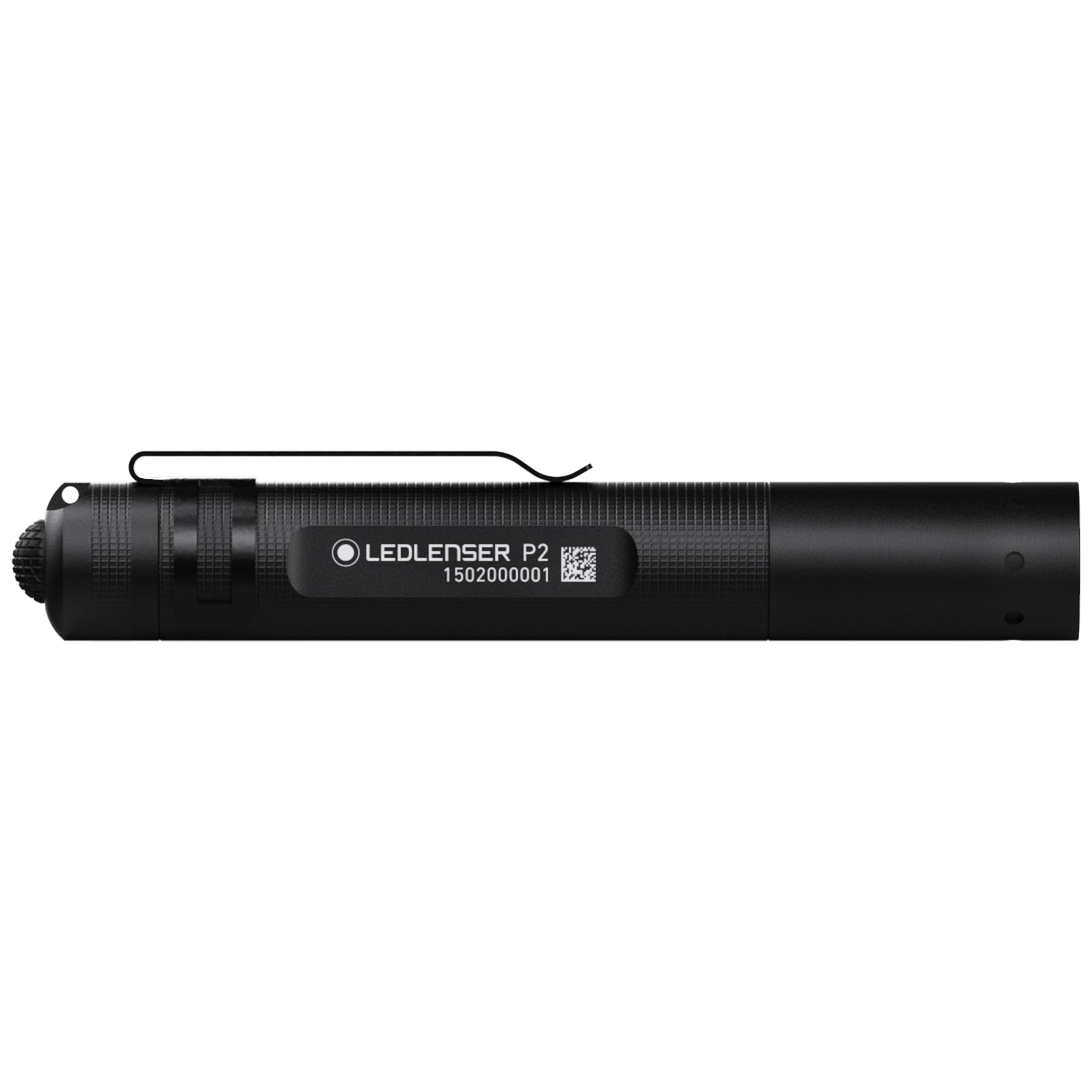 Ledlenser P2 Battery Operated Torch shown in side profile with black body and pocket clip compact portable LED flashlight