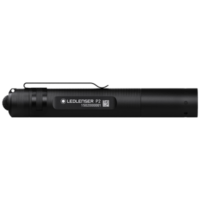 Ledlenser P2 Battery Operated Torch shown in side profile with black body and pocket clip compact portable LED flashlight