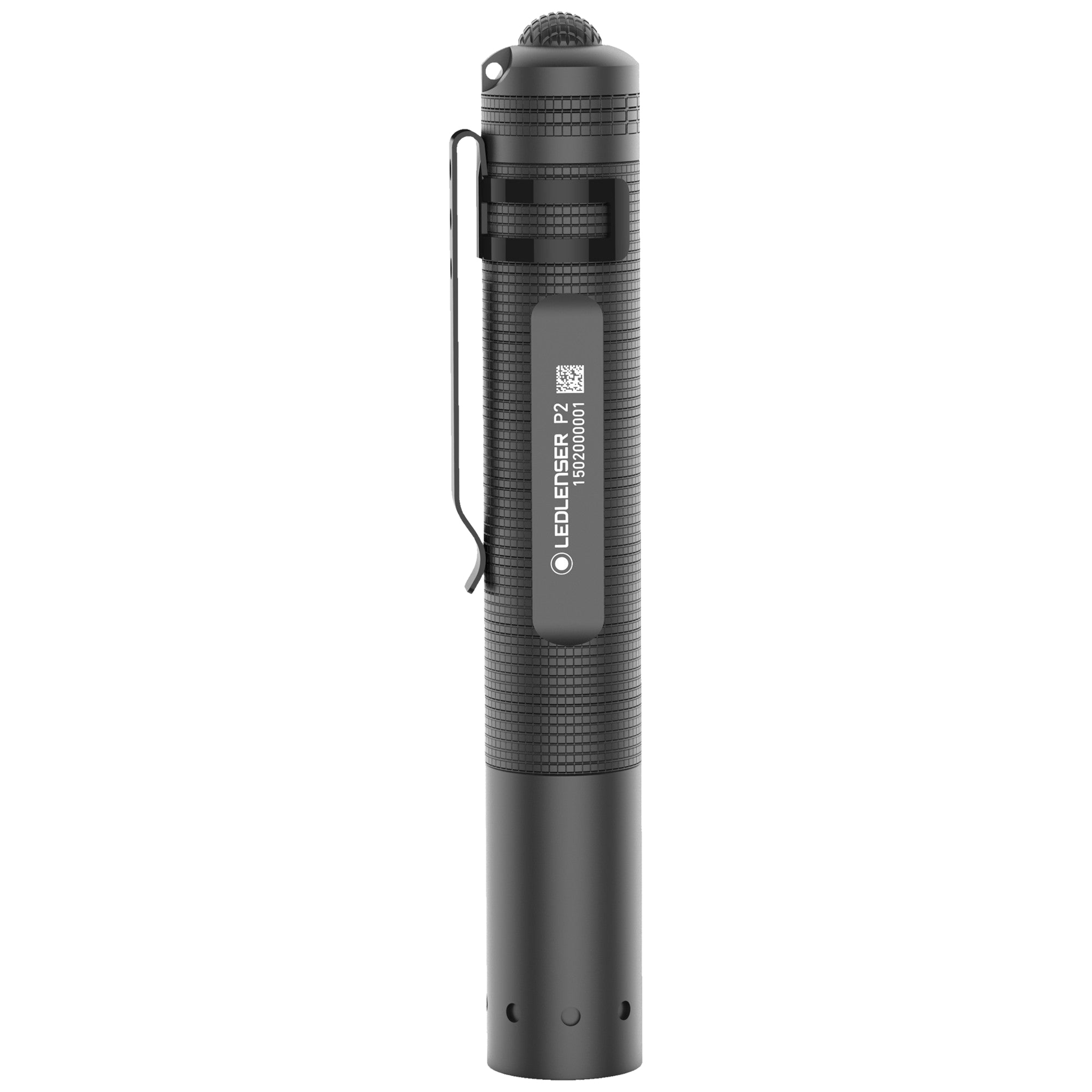 P2 Battery Operated Torch black compact Ledlenser flashlight with textured grip and side clip upright view