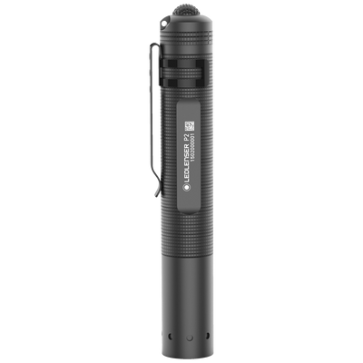 P2 Battery Operated Torch black compact Ledlenser flashlight with textured grip and side clip upright view