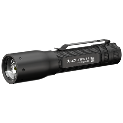Ledlenser P3 Battery Operated Torch compact black pocket flashlight with integrated clip and front facing lens