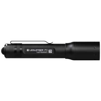 Ledlenser P3 Battery Operated Torch compact black handheld torch with pocket clip shown in side profile