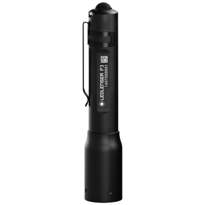Ledlenser P3 battery operated torch standing upright black compact pocket flashlight with metal clip visible