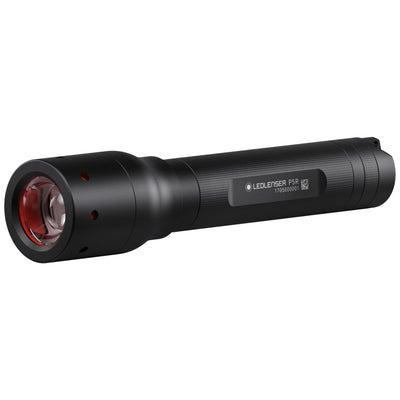 Ledlenser P5R Torch black compact rechargeable flashlight with red lens shown from a side angle with visible body label