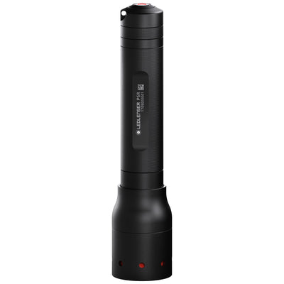 Ledlenser P5R Torch upright in black with textured grip and red top accent shown with a detachable base section