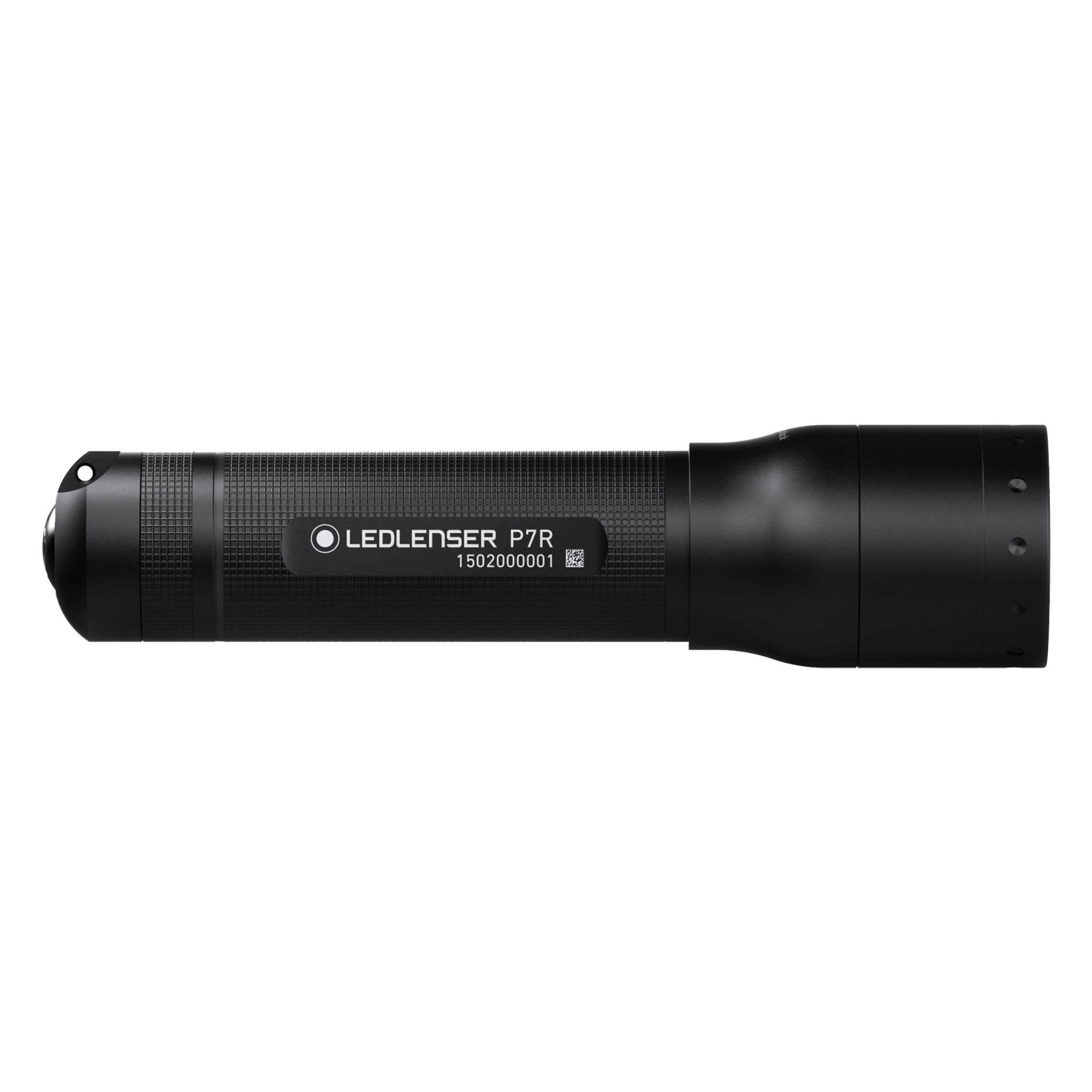 Ledlenser P7R Torch lying horizontally black cylindrical rechargeable torch with textured grip and label