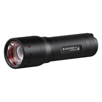 Ledlenser P7 Battery Operated Torch with black cylindrical body and front lens angled side view