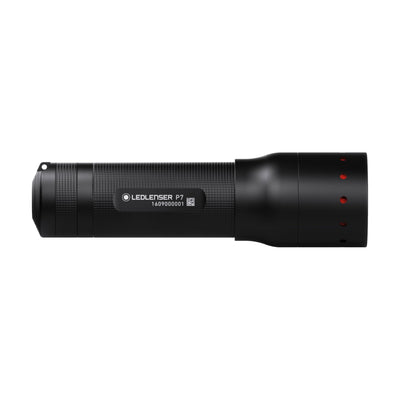 Ledlenser P7 battery operated torch shown in side profile with a textured black body and red indicator holes on the tail cap