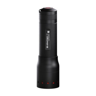 Ledlenser P7 battery operated torch black cylindrical handheld flashlight with textured grip and red top accent shown upright