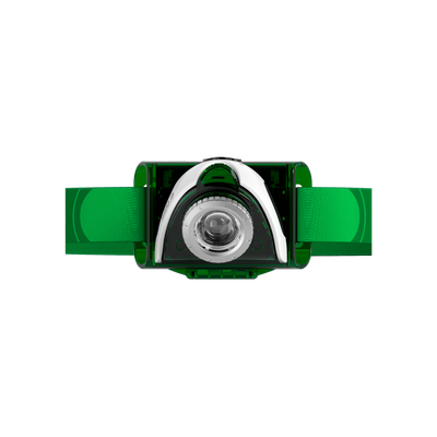 Ledlenser SEO3 Headlamp front view showing green adjustable strap and compact battery operated headlamp