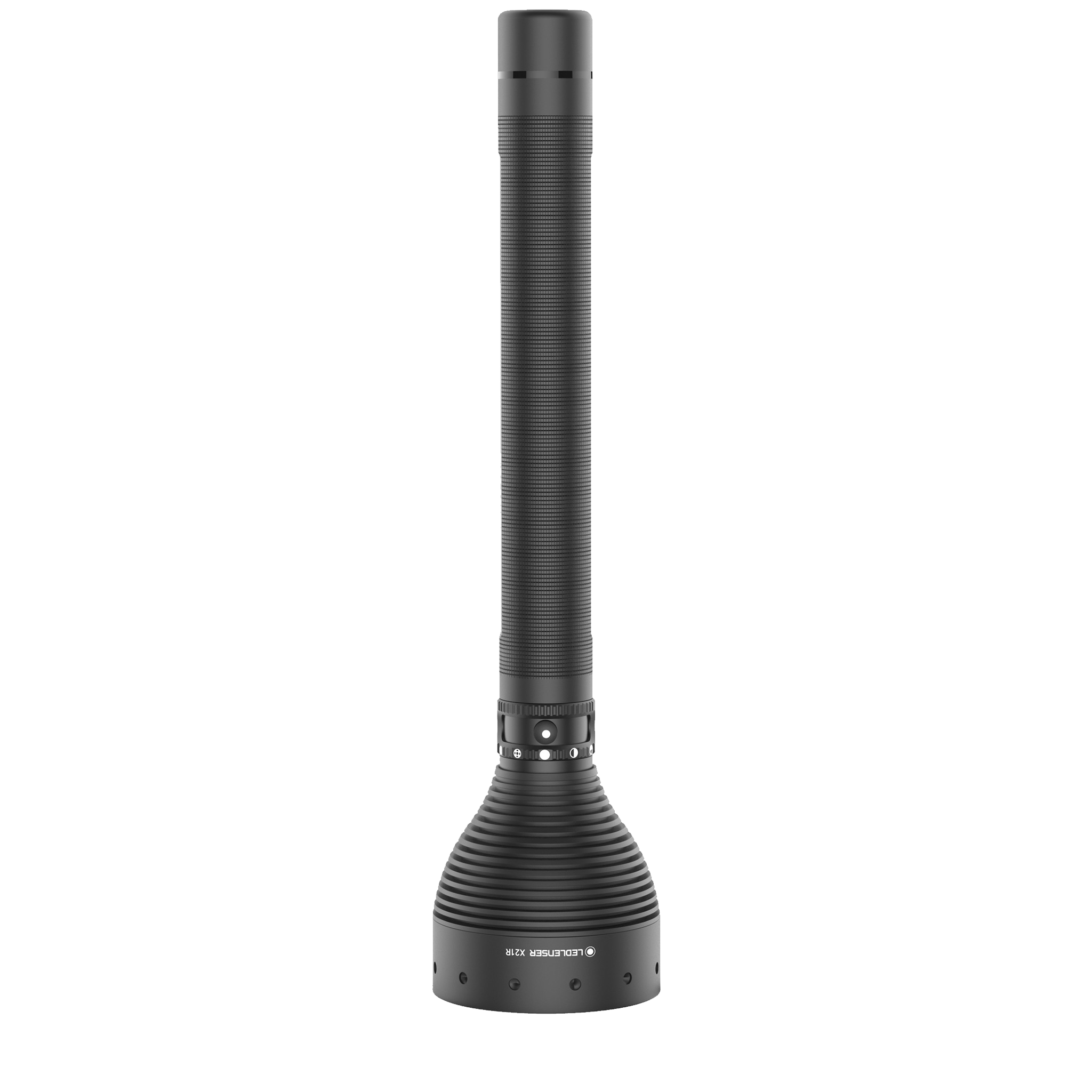 Ledlenser X21R torch standing upright with a tall black cylindrical body textured grip and ribbed base head design