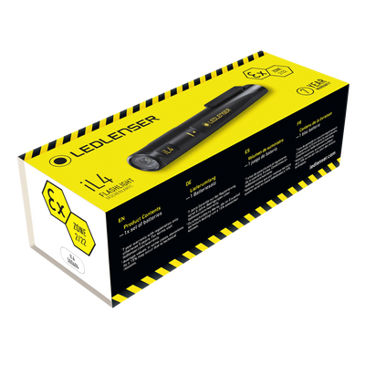 Ledlenser iL4 Torch packaging box in yellow and black displaying the handheld flashlight with clip and branding