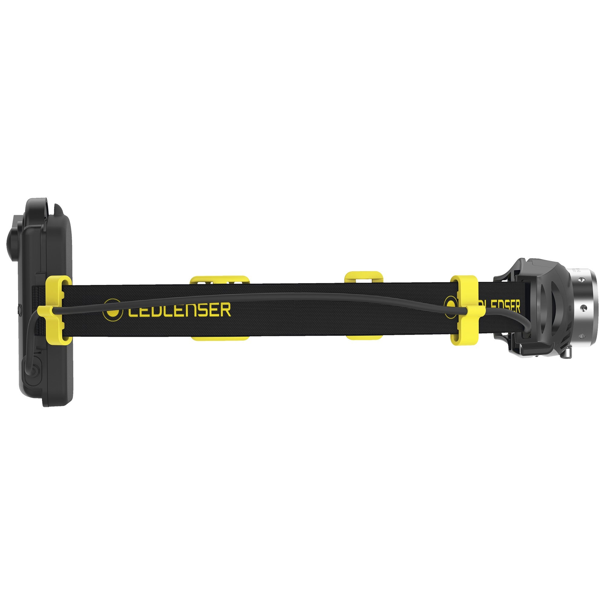 Ledlenser iH3 Battery Operated Headlamp shown in side view with black head strap and yellow accents