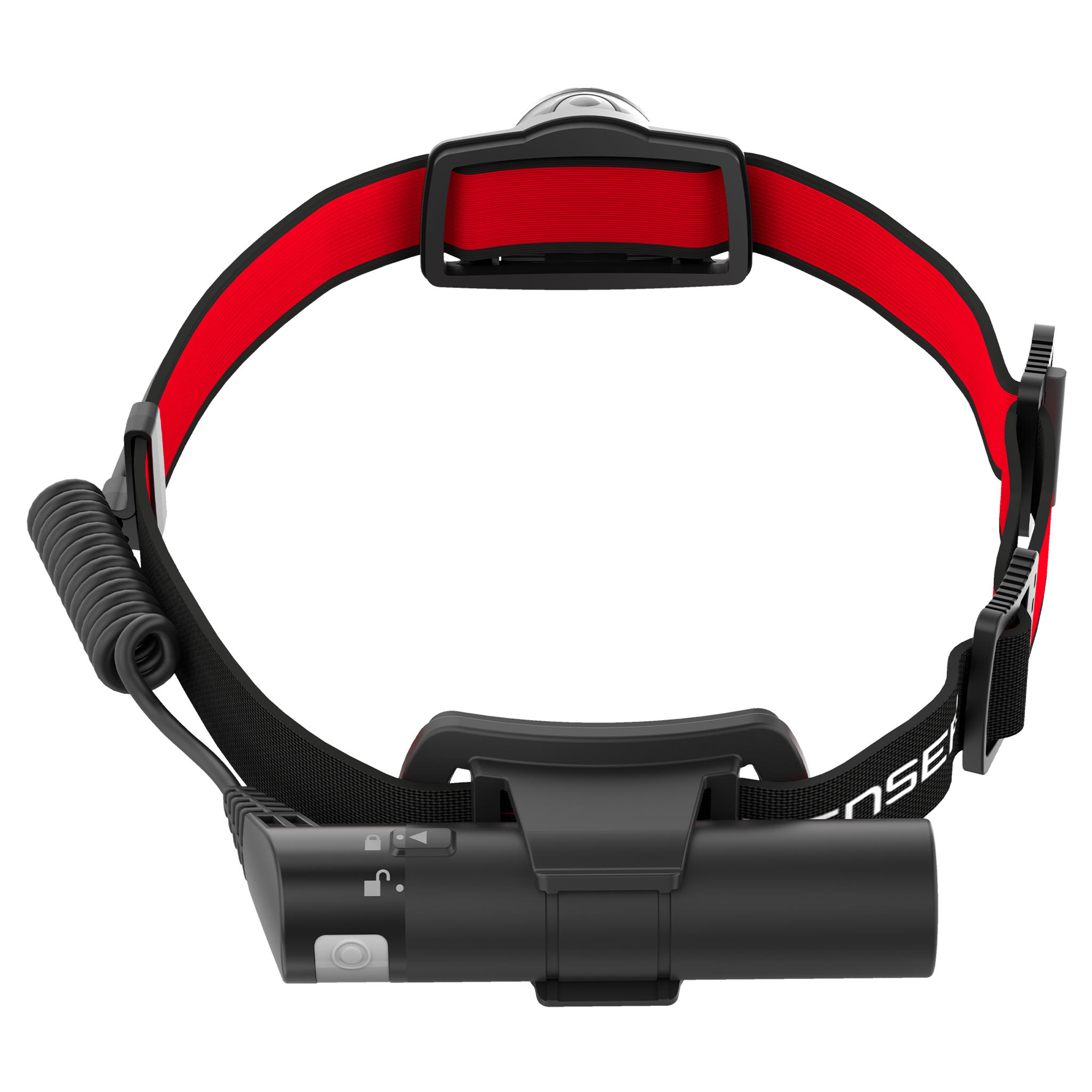 Ledlenser H8R Headlamp on red and black headband with front battery pack and side control shown in front view