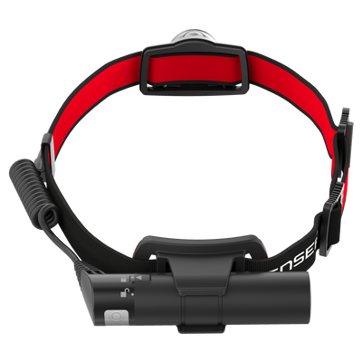 Ledlenser H8R Headlamp on red and black headband with front battery pack and side control shown in front view