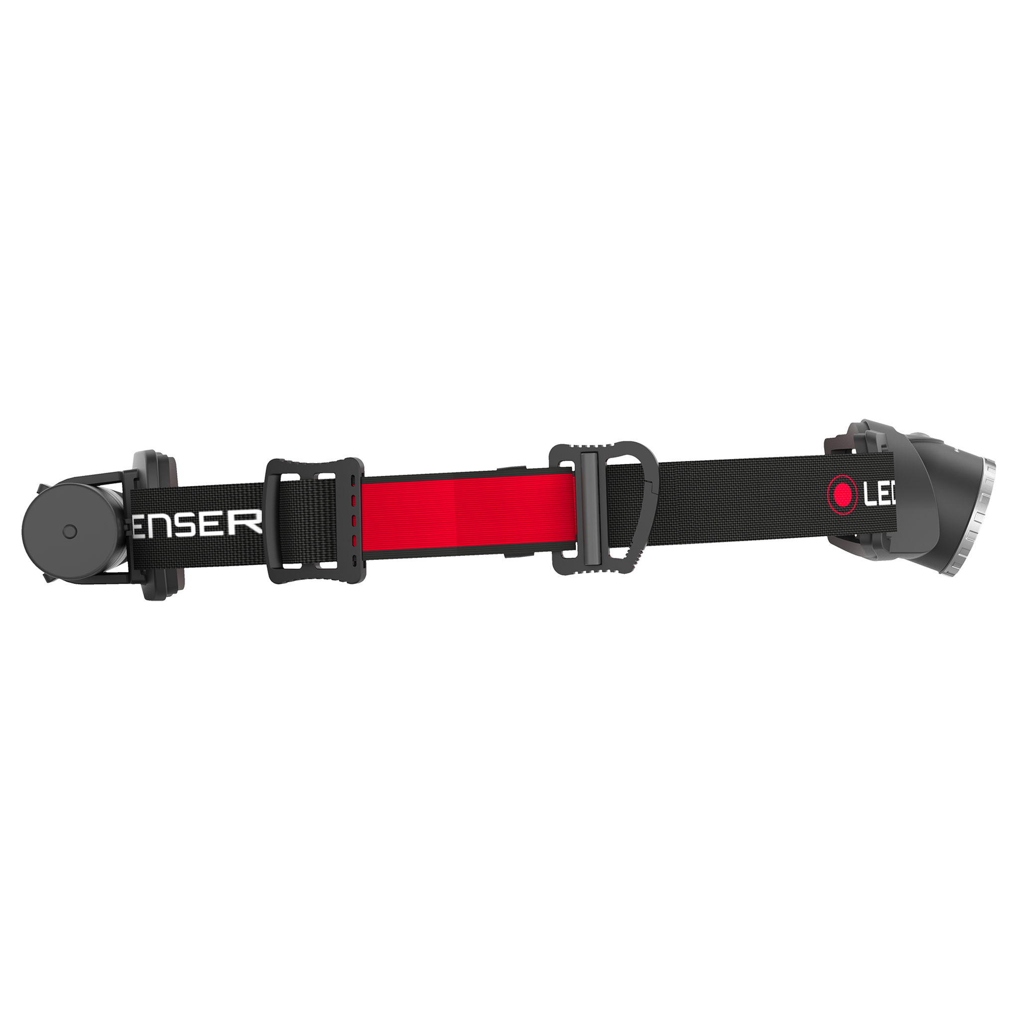 Ledlenser H8R Headlamp with black and red strap frontal angle showing battery housing on one end and front light on the other