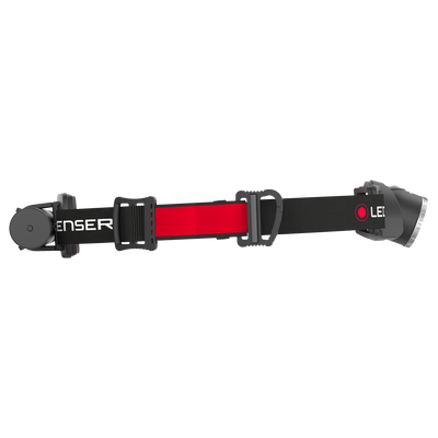 Ledlenser H8R Headlamp with black and red strap frontal angle showing battery housing on one end and front light on the other