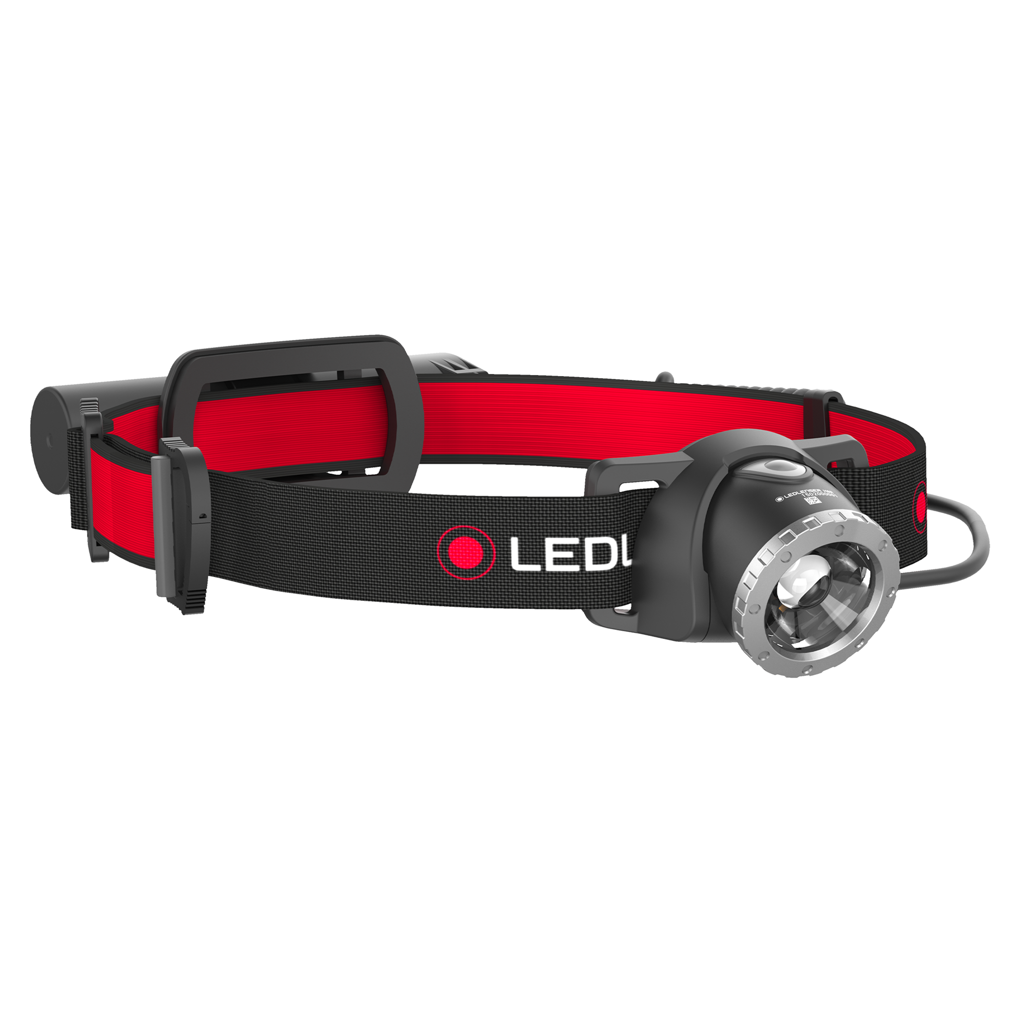 Ledlenser H8R headlamp with black red adjustable headband front mounted light module and elastic strap on headband