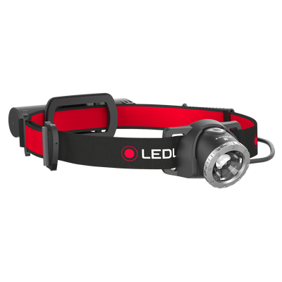 Ledlenser H8R headlamp with black red adjustable headband front mounted light module and elastic strap on headband