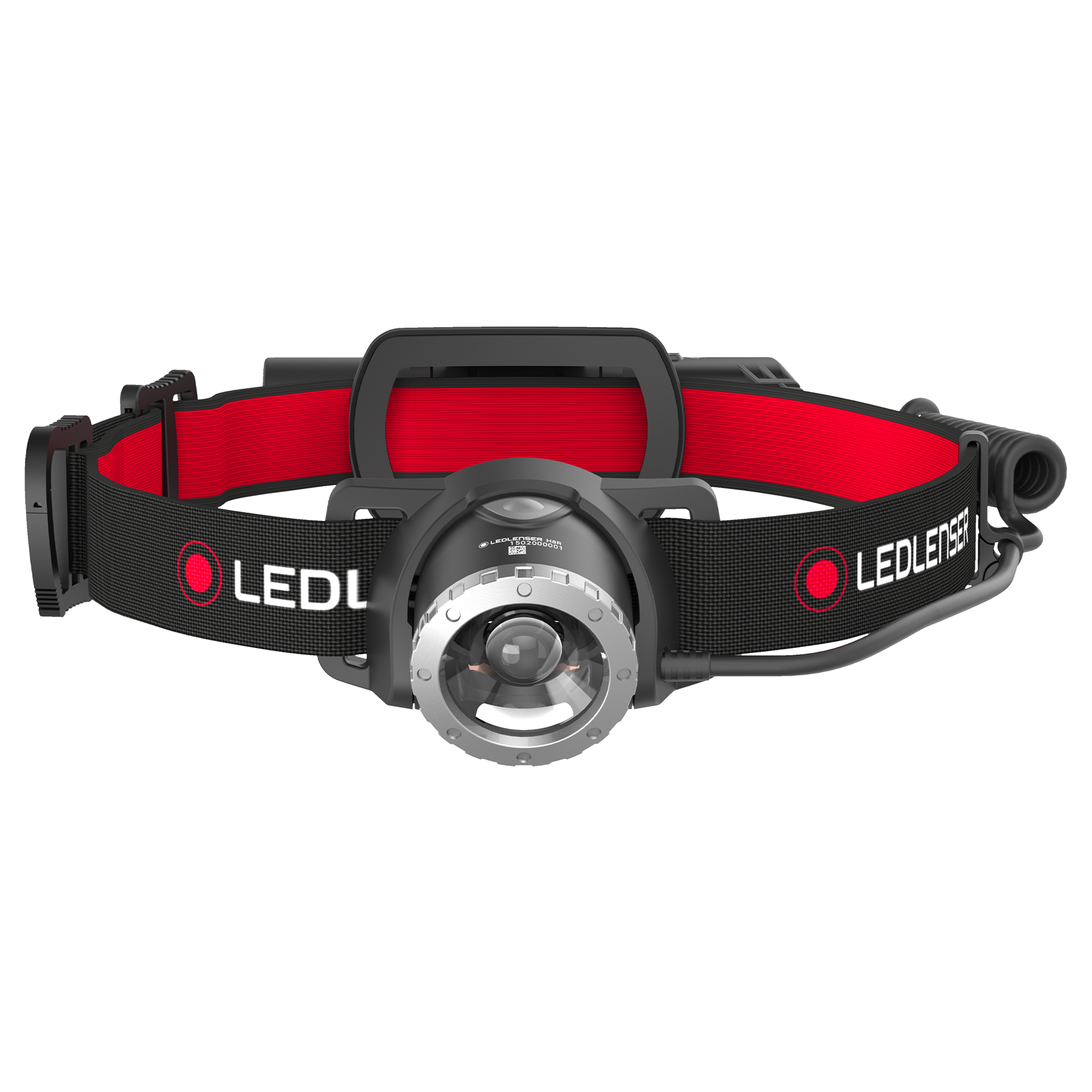 Ledlenser H8R Headlamp with black and red adjustable head strap and front LED light