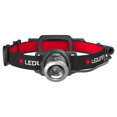 Ledlenser H8R Headlamp with black and red adjustable head strap and front LED light