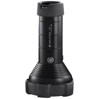 i18R Rechargeable Torch by Ledlenser black vertical flashlight with textured grip and wide base for stability