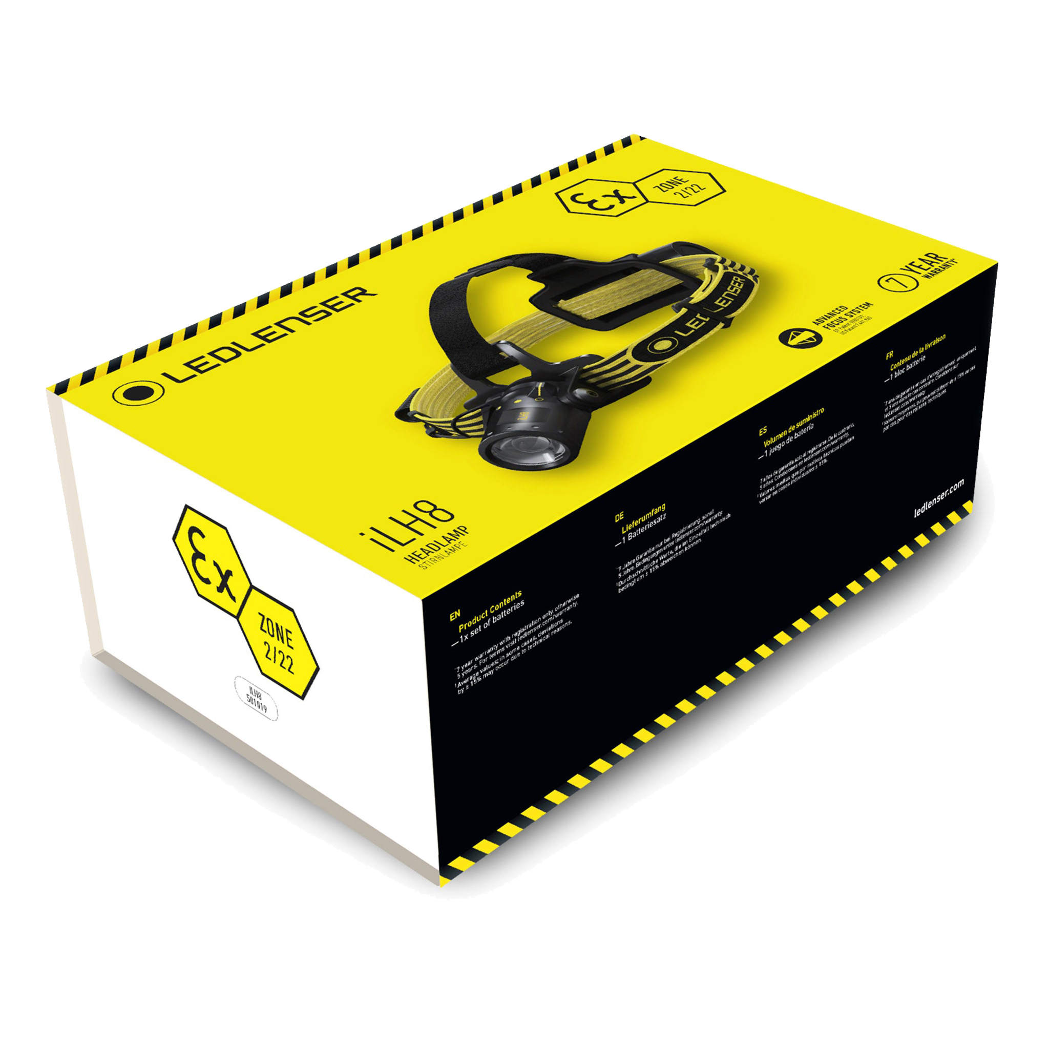 Ledlenser iLH8 Headlamp packaging box in yellow and black with a mounted headlamp illustration