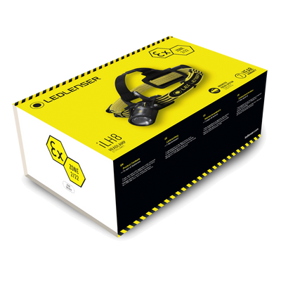 Ledlenser iLH8 Headlamp packaging box in yellow and black with a mounted headlamp illustration
