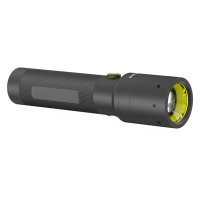 Ledlenser i9R Iron 2 Rechargeable Torch shown in side view with black body yellow bezel and textured grip
