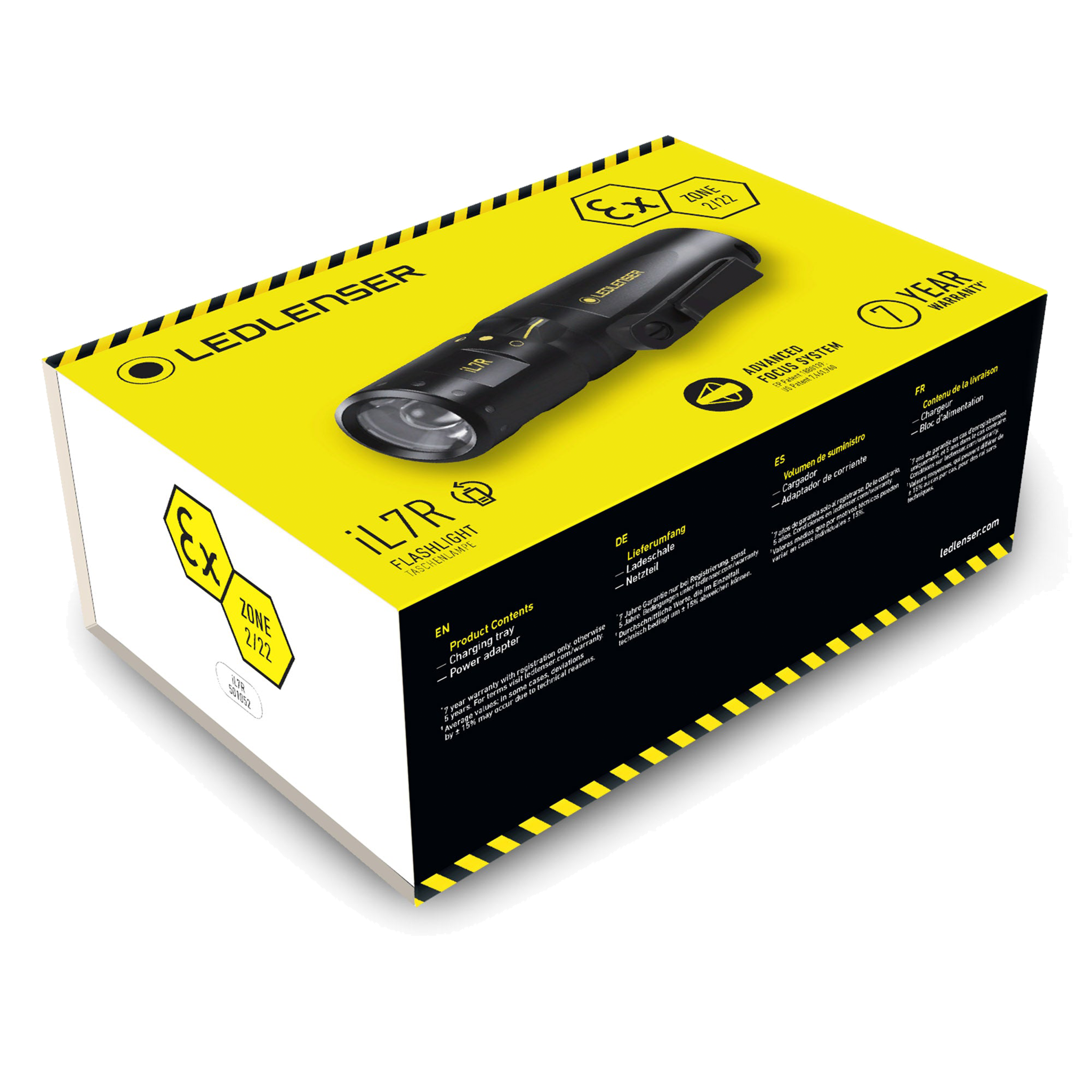 Ledlenser iL7R torch packaging box with yellow and black design and product image on top