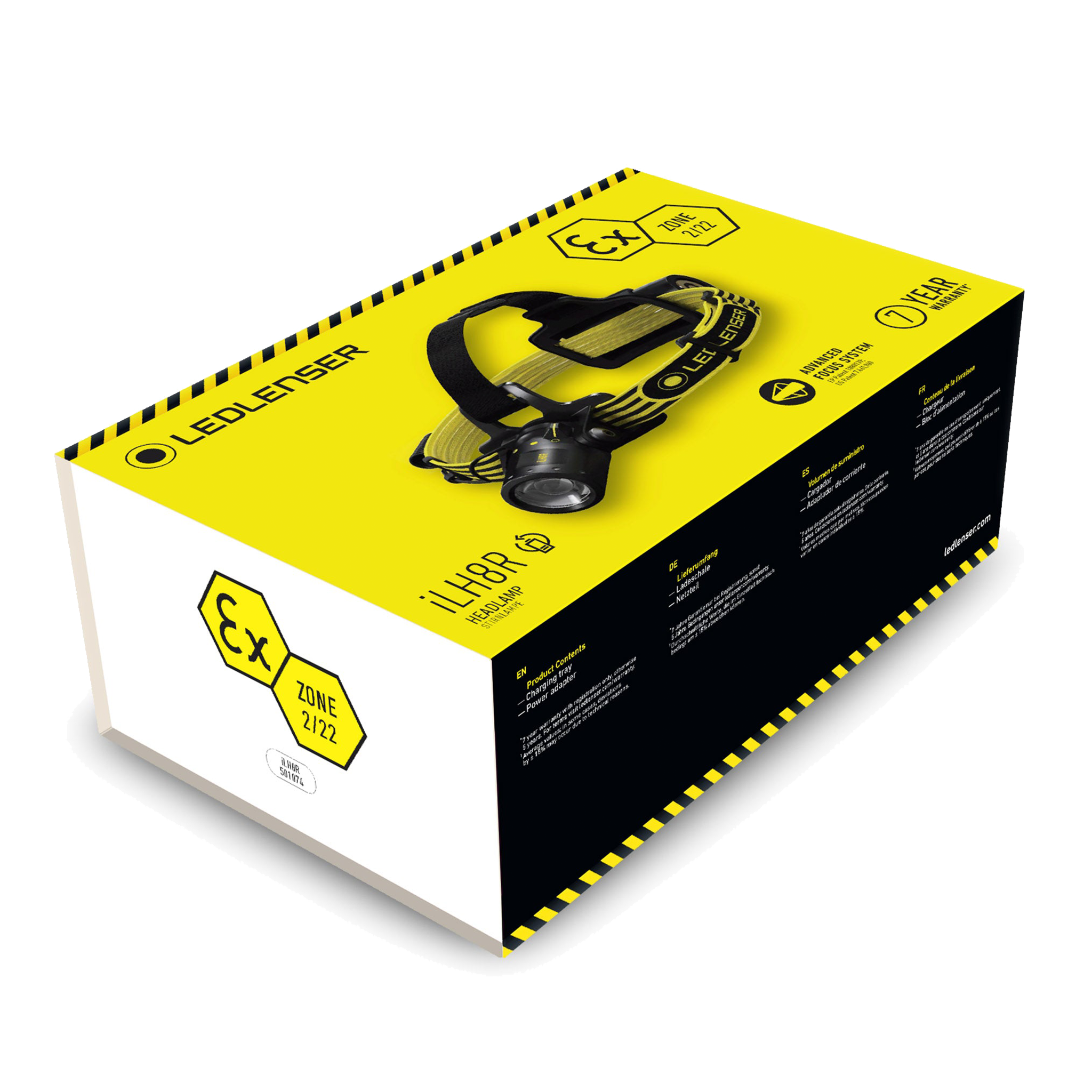 Ledlenser iLH8R Headlamp packaging box showing yellow and black design with headlamp mounted on top