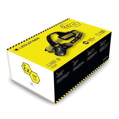 Ledlenser iLH8R Headlamp packaging box showing yellow and black design with headlamp mounted on top