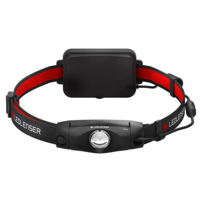 Ledlenser H4R rechargeable headlamp with a black and red headband and a back mounted battery pack