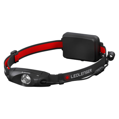 Ledlenser H4R Rechargeable Headlamp with black and red headband and rear battery pack mounted on strap