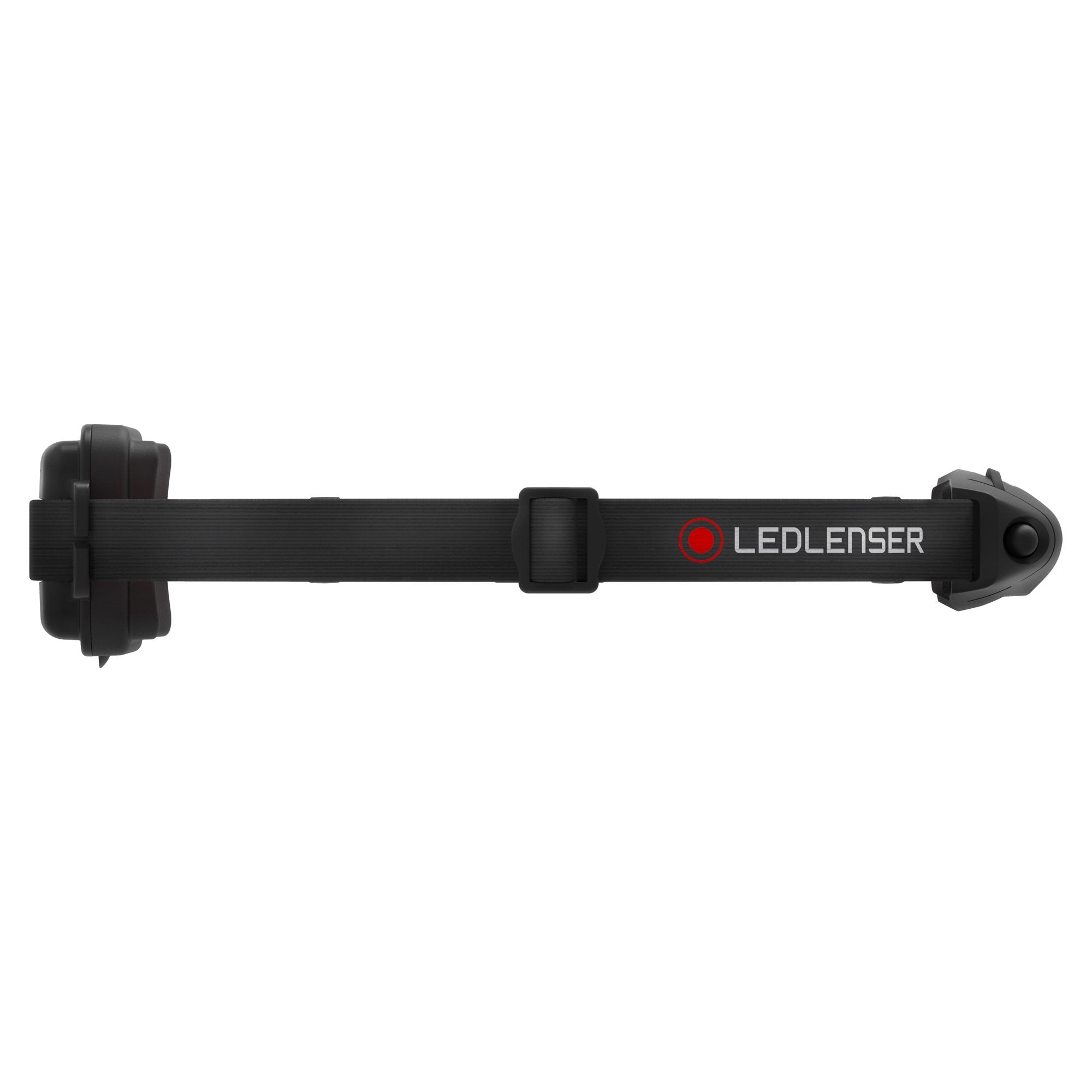 Ledlenser H4R Rechargeable Headlamp laid flat showing headband with light module on the right side and logo on strap