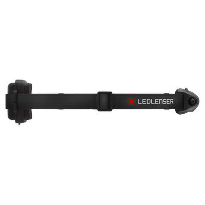 Ledlenser H4R Rechargeable Headlamp laid flat showing headband with light module on the right side and logo on strap
