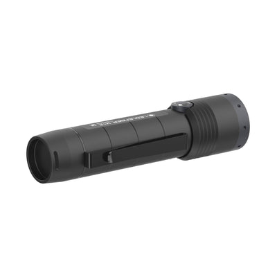 Ledlenser M1R Rechargeable Torch compact black handheld torch with side clip shown in side view
