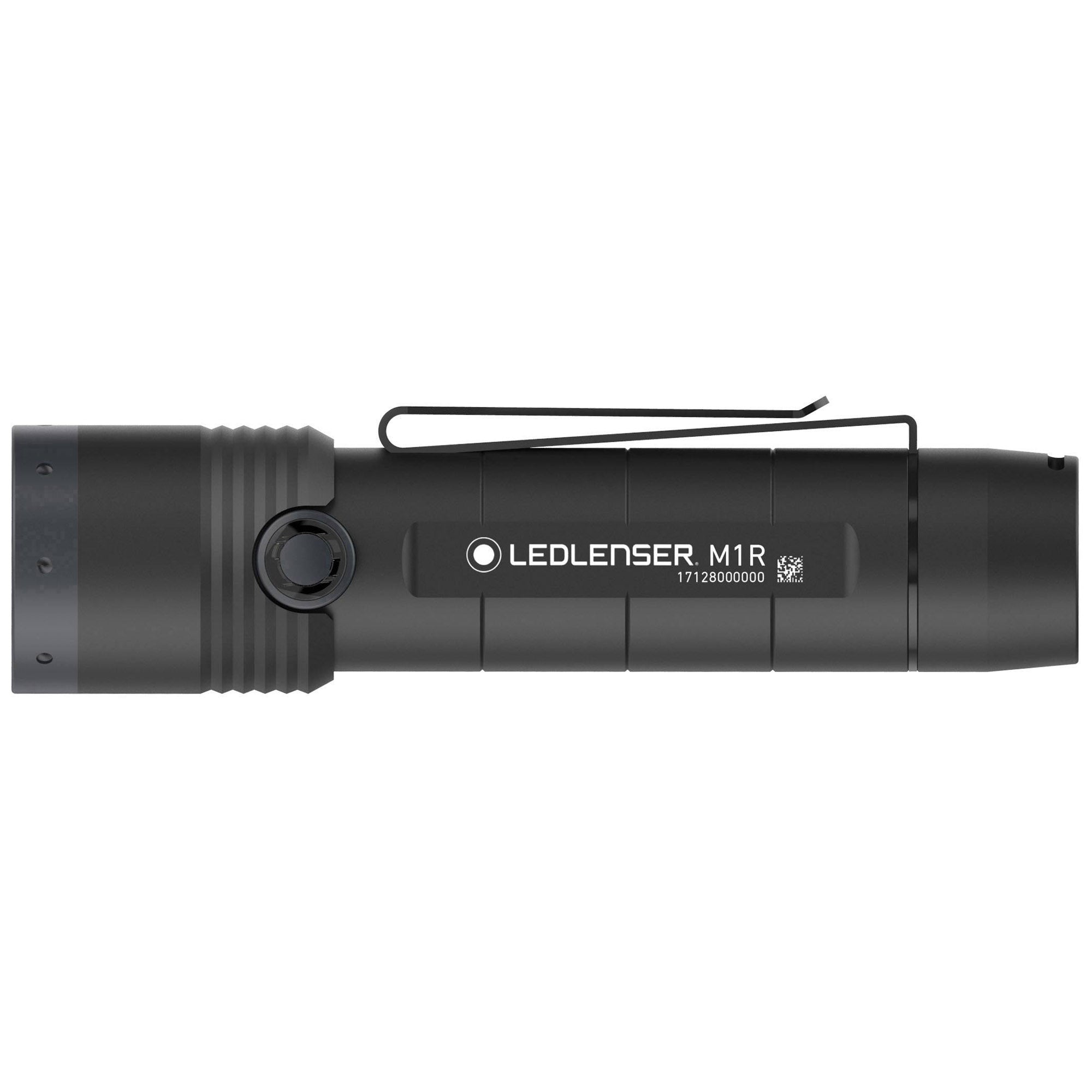 Ledlenser M1R Rechargeable Torch shown in side profile with pocket clip and screw thread near head dark gray finish