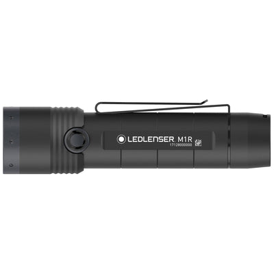 Ledlenser M1R Rechargeable Torch shown in side profile with pocket clip and screw thread near head dark gray finish