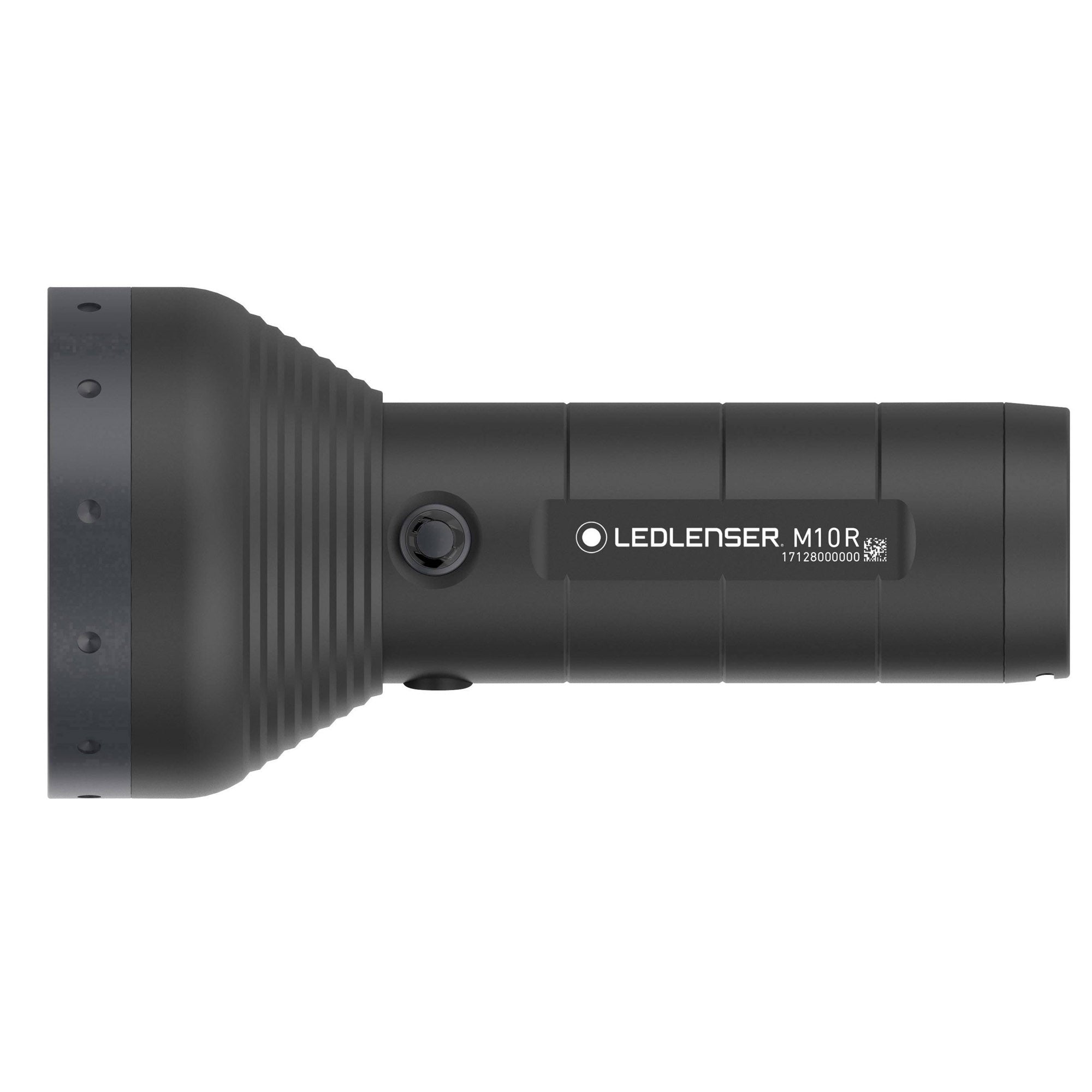 Ledlenser M10R Rechargeable Torch shown in side profile with black matte body and textured grip label visible