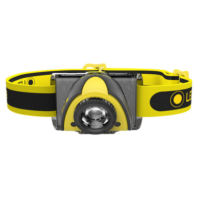 Ledlenser iSEO5R Rechargeable Headlamp with yellow headband and compact front light