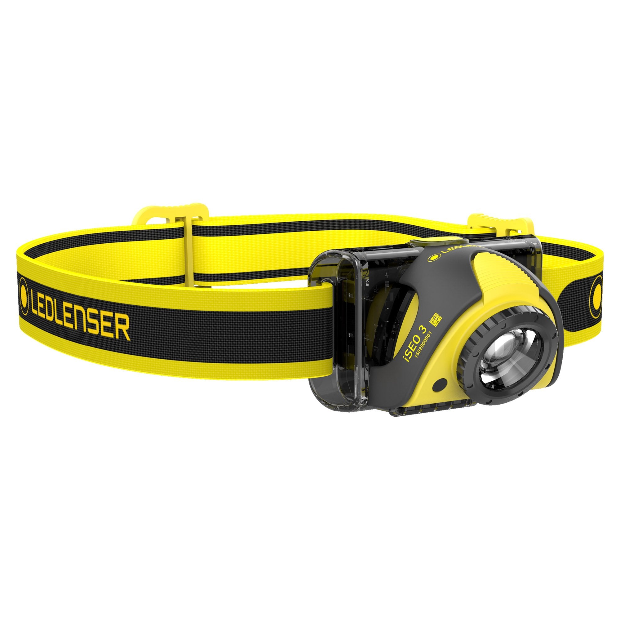 iSEO5R Rechargeable Headlamp by Ledlenser featuring yellow black adjustable headband and compact mounted LED housing worn on the head