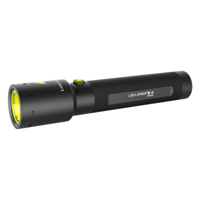 i9 Battery Operated Torch compact black Ledlenser flashlight with yellow lens textured grip side logo and yellow on off button
