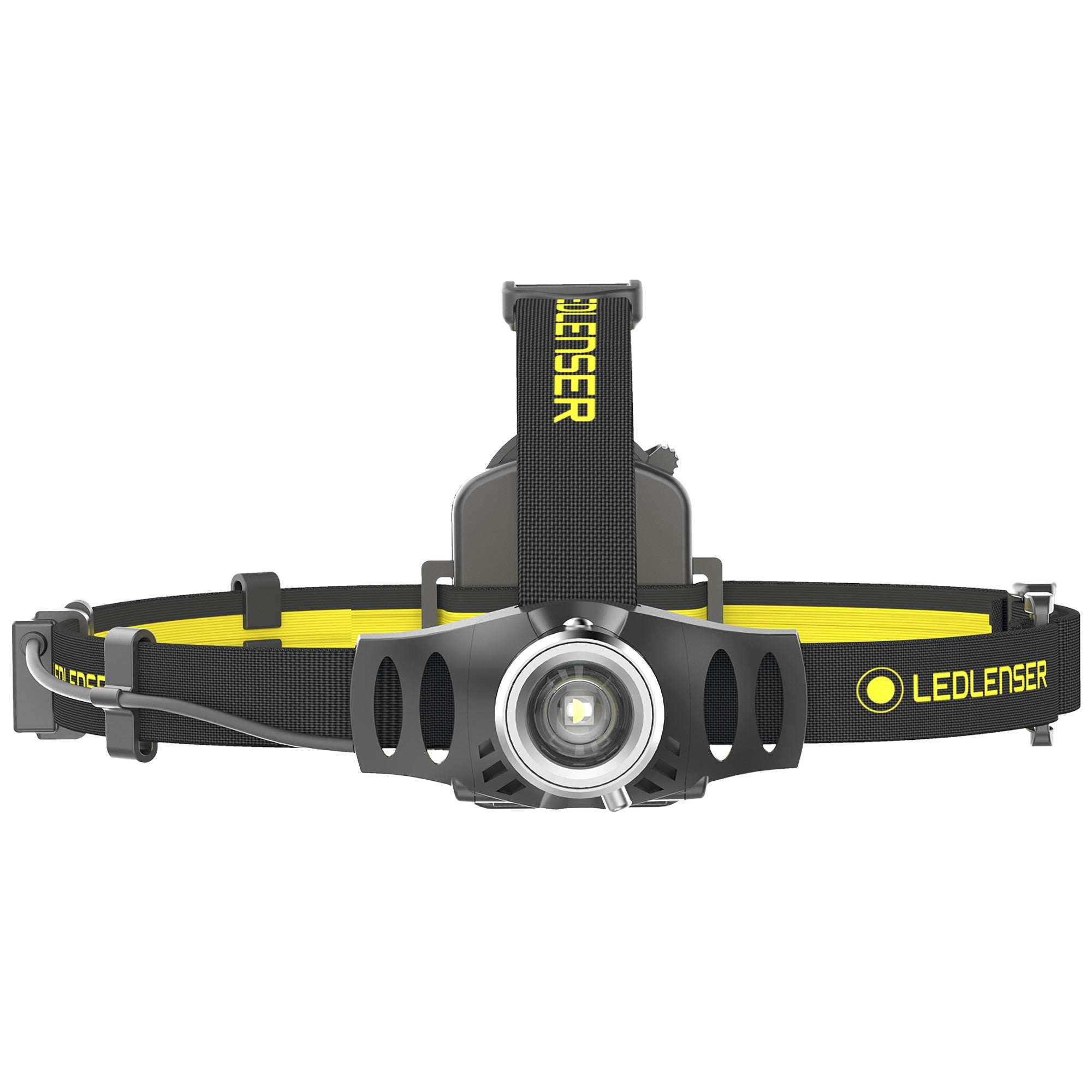 iH6 Battery Operated Headlamp facing forward with black yellow adjustable strap and compact front LED module showing Ledlenser branding on strap